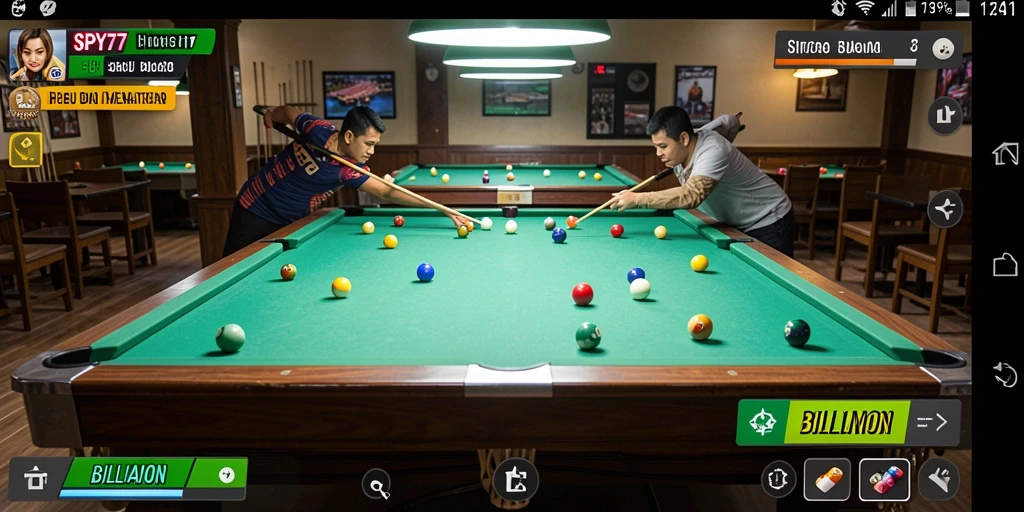 Tampilan antarmuka SPY77 saat bermain billiard yang mendebarkan.